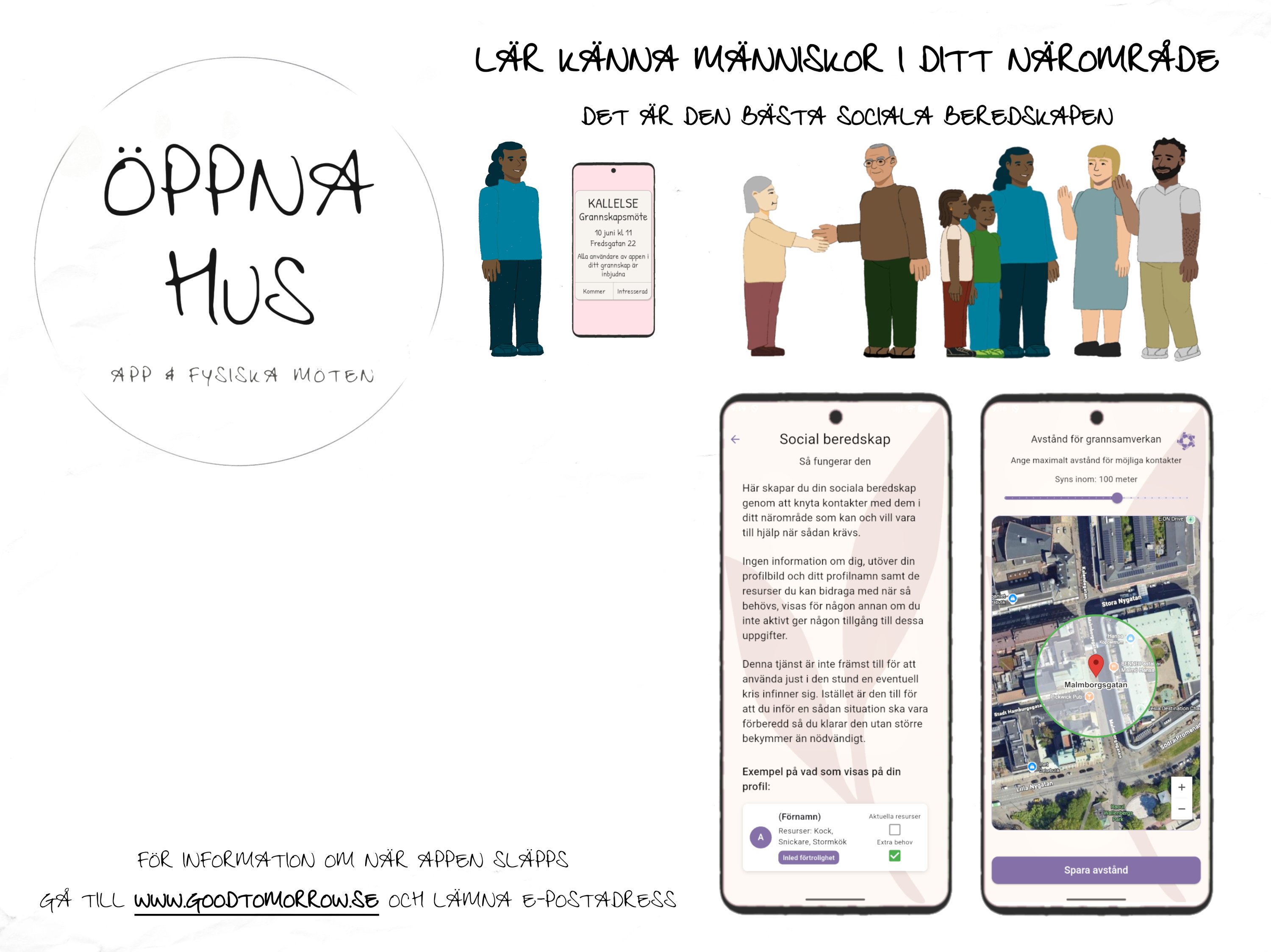 Öppna Hus – app och fysiska möten. Lär känna människor i ditt närområde – det är den bästa sociala beredskapen. För information om när appen släpps, gå till www.goodtomorrow.se och lämna e-postadress.